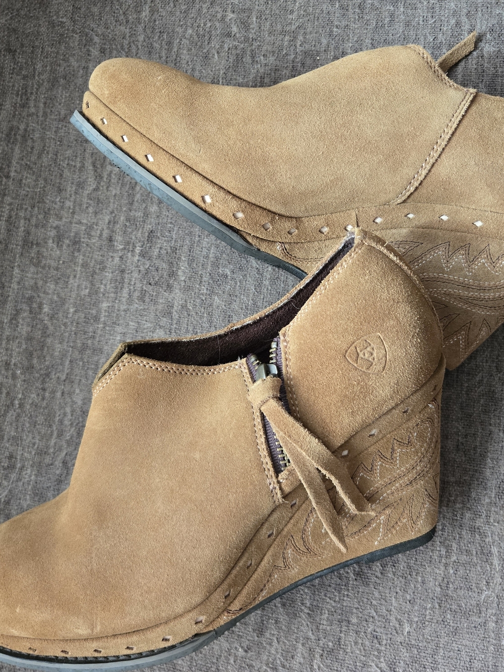 Ariat Tan Suede Wedge Ankle Booties with Tassel Zip